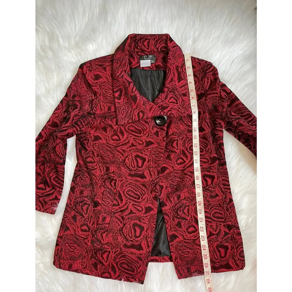 City Girl Nancy Bolen Blazer Jacket Red Black Embroidered Button Size Small -EUC - Picture 12 of 12